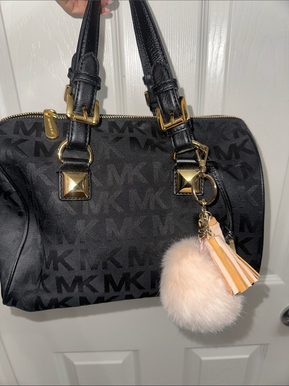 Michael Kors Black Monogram Satchel with Blush Pom-Pom Charm